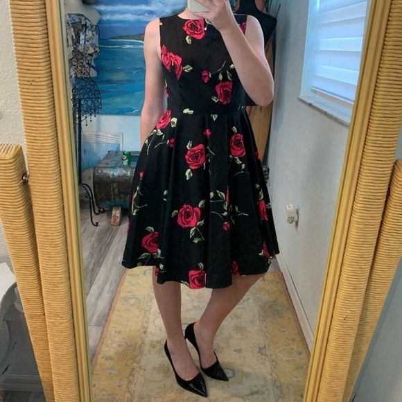 NWT Grace Karin,Black w/ Roses, Fit & Flare,No Stretch,Pure Cotton,Dress,Size M - Picture 4 of 8